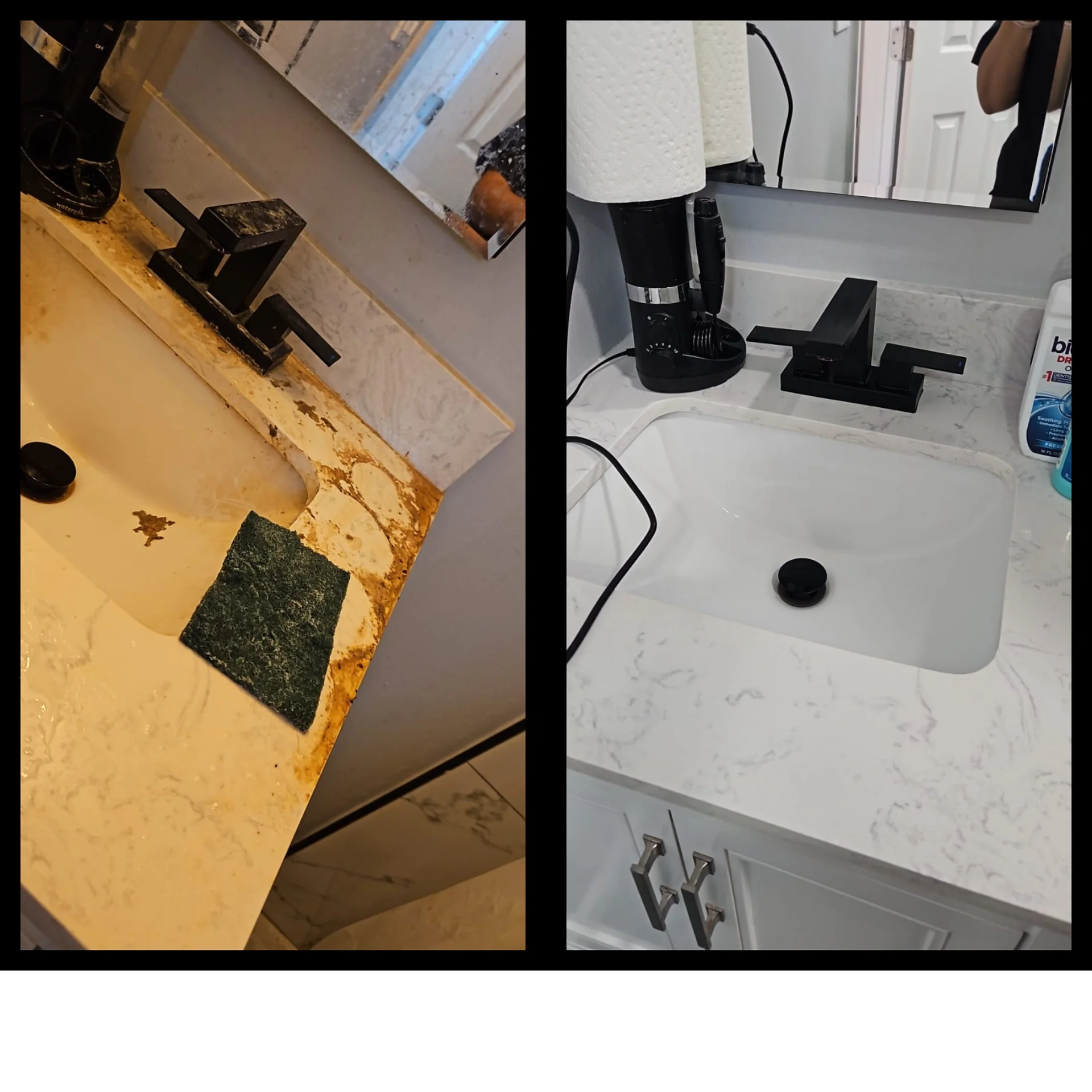 Before and after of a San Diego bathroom sink showing hard water mineral buildup removed during a deep cleaning