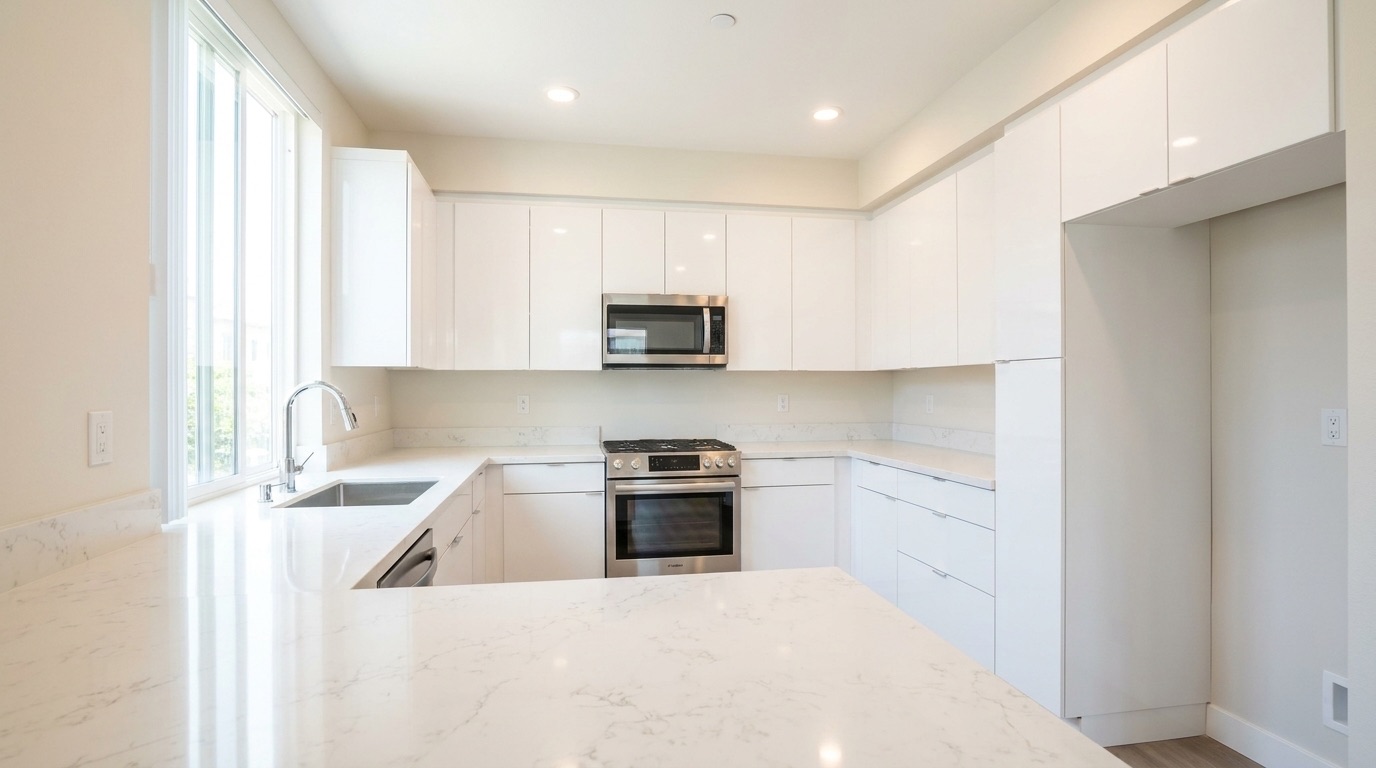 Spotless white kitchen with clean countertops and stainless steel appliances after a professional move-out cleaning