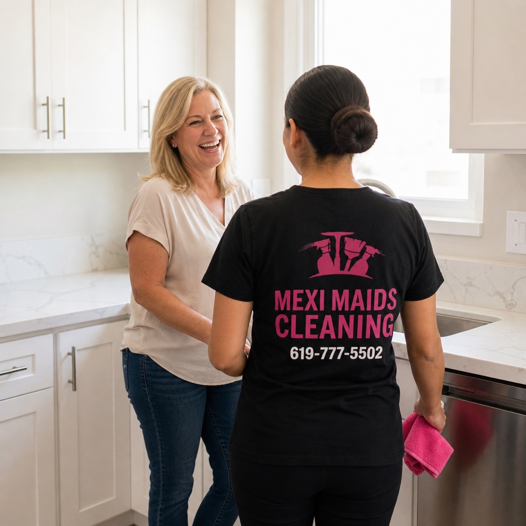 Mexi Maids Cleaning team member talking with a happy satisfied client in a clean kitchen