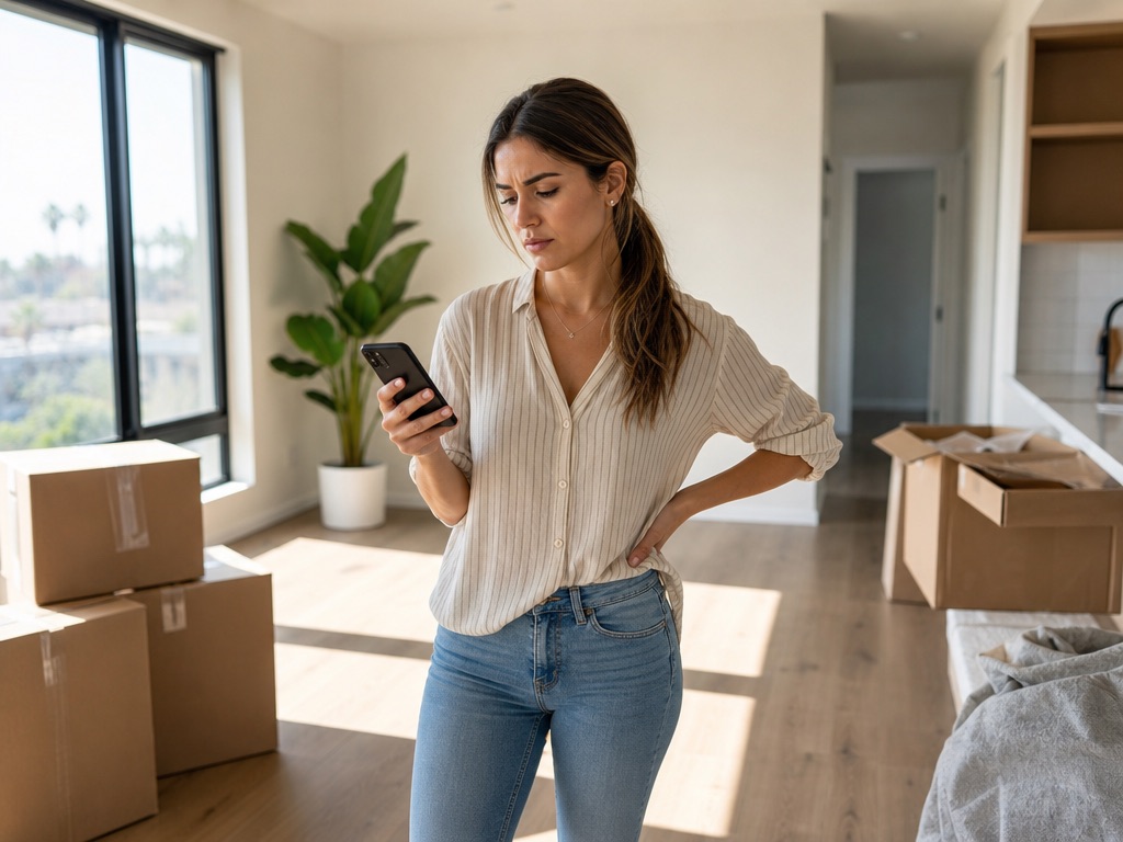 Stressed tenant checking her phone surrounded by moving boxes, worried about her security deposit